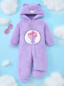 SHEIN X Care Bears 小女孩可爱卡通刺绣图案长袖连帽拉链柔软毛绒紫色3D耳朵设计连体睡衣