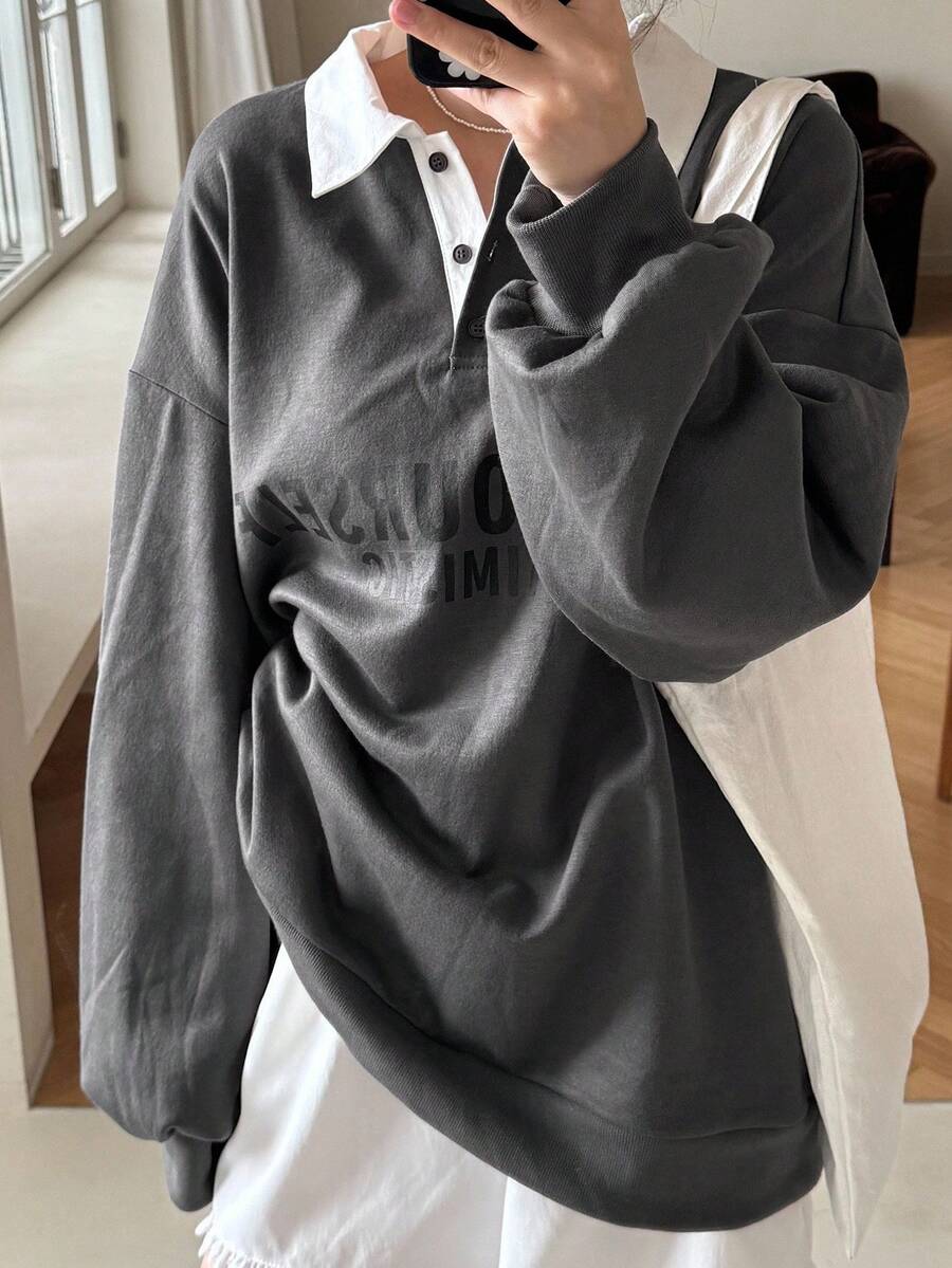 DAZY 女式 Polo 领半拉链字母印花宽松街头休闲运动衫 - 灰色 - 查看 1
