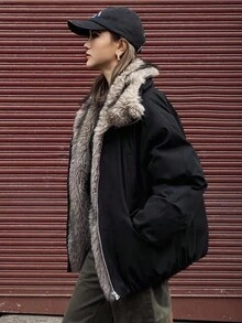 DAZY Women's Fur Collar Patchwork Padded Coat, Autumn/Winter Jacket Y2k - Black - View 5