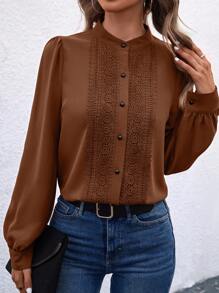 SHEIN Clasi 女士纯色前扣优雅办公室长袖衬衫 - 咖啡棕 - 查看 3