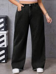SHEIN EZwear 大尺碼女士直筒牛仔褲帶口袋 - 黑色 - 查看 1