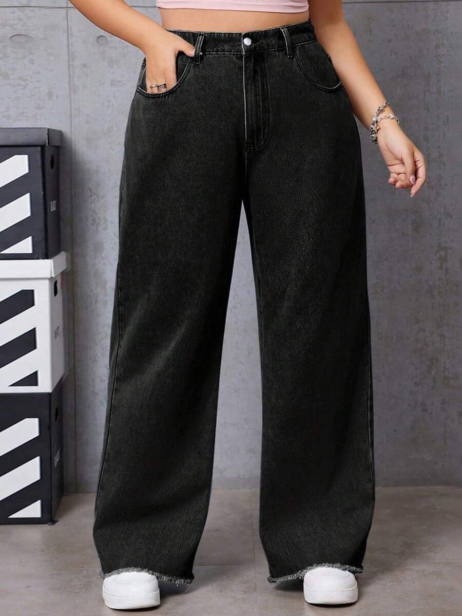 SHEIN EZwear 大尺碼女士直筒牛仔褲帶口袋 - 黑色 - 查看 1