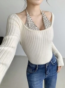 SHEIN LUNE Jersey de punto sexy con cuello en V y adornos de strass, 2 en 1, para mujer, primavera/otoño - Albaricoque - Ver 4