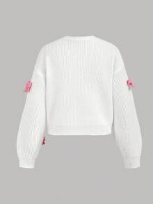 SHEIN Girlism Teen Girls Pink Three-Dimensional Bow Accessories Cute Minimalist Cardigan, Long Sleeve Tops,Suitable For Autumn And Winter Girls Cardigan With Bows Kids Bow Cardigan Cute Cardigan For Girls Girls White Cardigan Pink And White Cardigan Fall Pink Bow Cardigan Cardigans For Girls - White - View 2