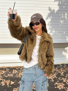 SHEIN PETITE Short Solid Color Fluffy Patchwork Fluffy Coat Y2k Fur Jacket In Fall/Winter ,Petite Women - Camel - View 7