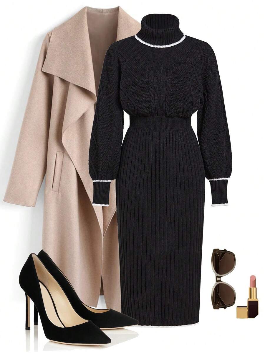 Ellevyn Turtleneck Contrast Trim Long Sleeve Waist Fitted Sweater Dress, Winter Clothes,Fall - Black and White - View 1