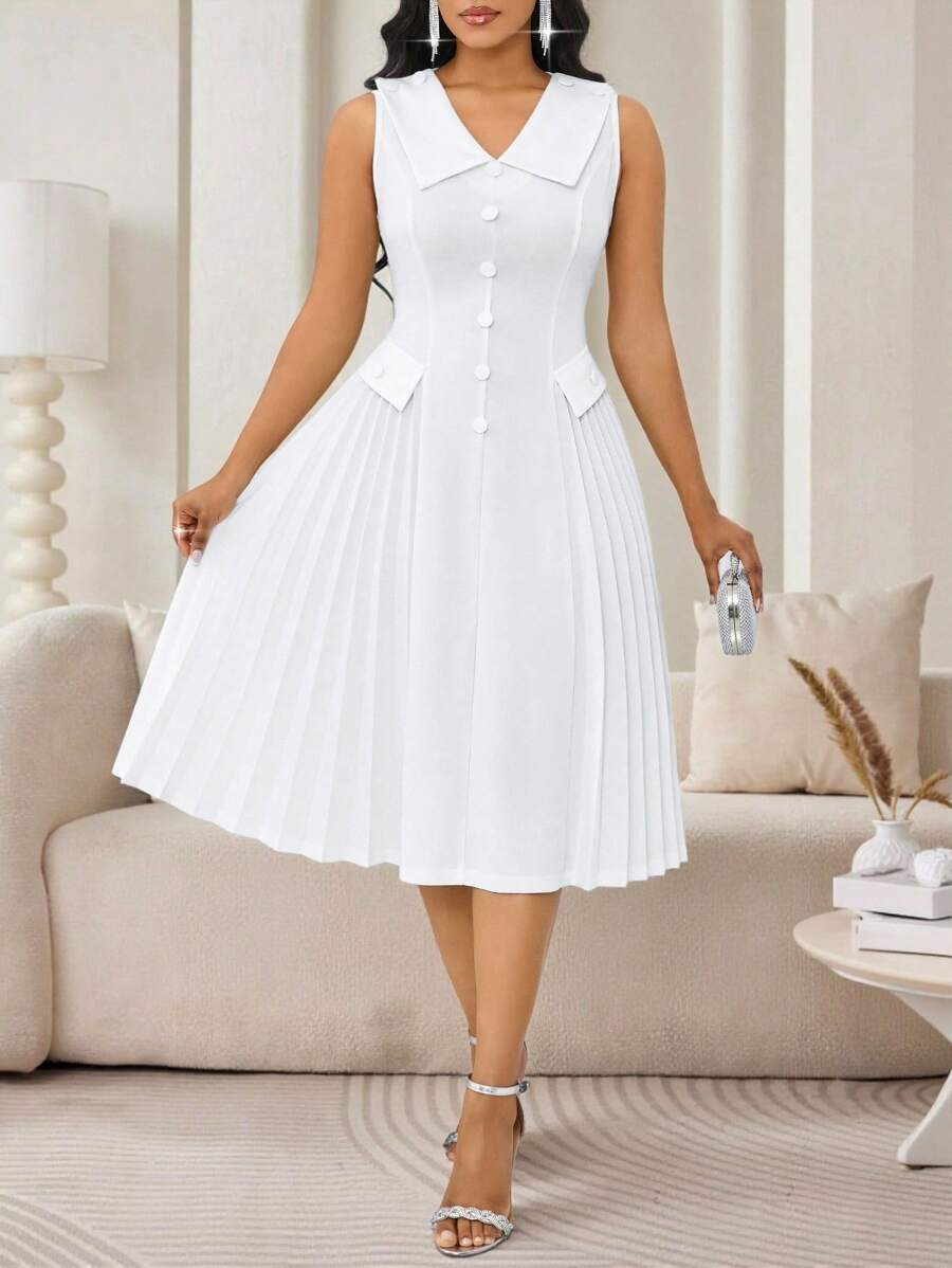 SHEIN Lady Women Summer Elegant White V-Neck Pleated Patchwork Midi Dress For Wedding Guest - White - View 1