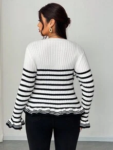 Elenzga Cárdigan de punto elegante con botones y rayas de contraste para mujer de talla grande - Blanco y Negro - Ver 2