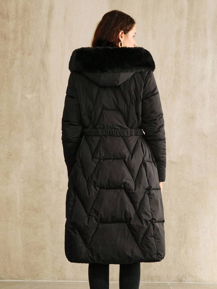 Women's Long Black Hooded Coat With Fur Collar, Waist Cinched, Cold-Proof, Autumn/Winter