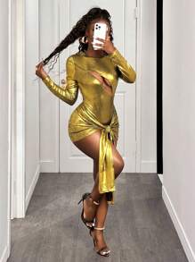 BamGleam Women's Fashion Hollow-Out Twist Front Mini Bodycon Gold Dress Fall For Women - Gold - View 6