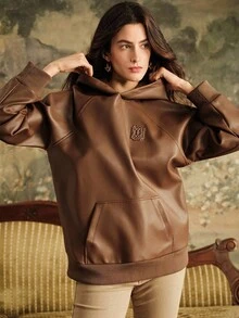 Anewsta Sudadera holgada de manga larga con capucha, de piel de imitación con decoración metálica, de color marrón, de estilo casual, para mujer, para otoño/invierno