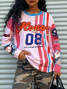 INAWLY قميص طبقة أساسية بياقة مستديرة وأكمام طويلة مع طباعة شريطية ذات أرقام، للنساء، للربيع/الخريف