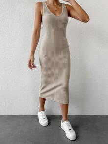 EURMUSE 2pcs Women Casual Ribbed Tank Dress & Pullover Top Set - Beige - View 5