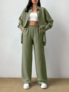 EURMUSE 100%Cotton Women Shirt & Wide Leg Pants Set - Green - View 4