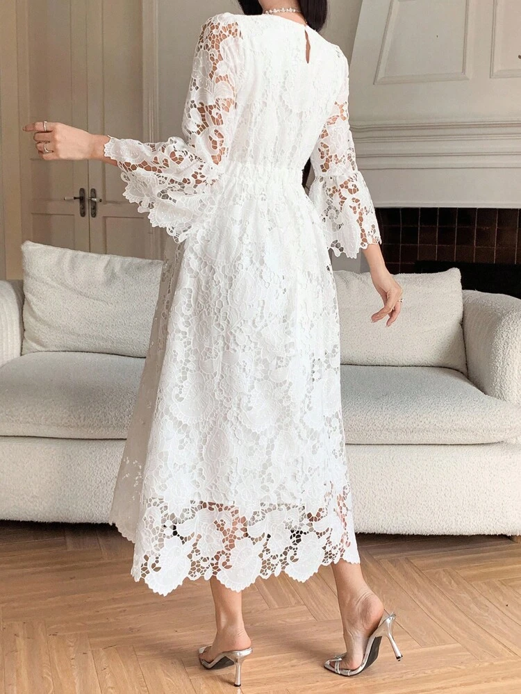 French Style Loose Dress, Women's Lace Hollow Out Flare Sleeve Dress Maxi Dress