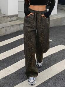 Livesso Women's Loose Fit Casual Leopard Print Jeans, Fall Autumn - Coffee Brown - View 3
