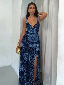Glamine Leopard Floral Pattern Women Long Dress, Stretchy Jersey Fabric, Sexy Elegant Beach Sundress For Summer Holiday--Floral Pattern Random Fall Women Clothes Back To School Blue Print Dress Low Cut Dress Deep V Dress