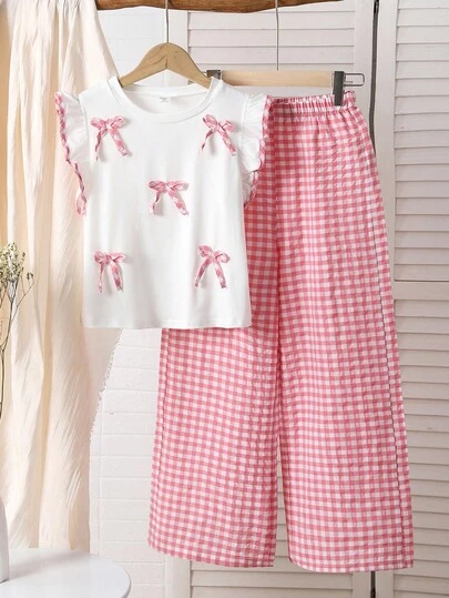 Sparklyn Conjunto informal de niña preadolescente con pantalones a cuadros con volantes y moño, adecuado para salidas, viajes de primavera y otoño, y escuela