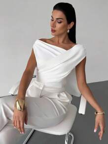 Firerie Women's Elegant Minimalist Chic Fashion Casual Daily Commuting Music Festival Vacation Asymmetric Ruffled White Bodysuit, Spring/Summer, Graduation Dress