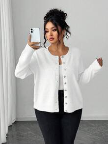 Elenzga 大码休闲纯色金色纽扣长袖开衫