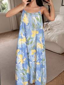 DAZY 女士印花轻薄长款吊带裙，度假风睡衣，宽松睡裙 - 淺藍色 - 查看 5