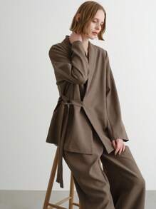 FRIFUL 女士纯棕色休闲商务套装，适合秋季穿着 - 咖啡棕 - 查看 1