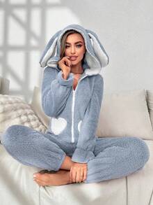 Women's Cute Contrast Color Heart Pattern 3D Big Rabbit Ear Hooded Plush Fluffy Pajamas Jumpsuit, Autumn/Winter, Fall, Cozy - Blue - View 5