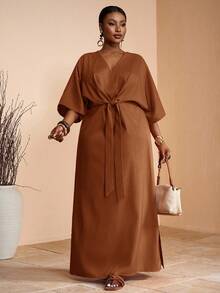 Veslaya 2025 Spring/Summer New Arrival Vacation Casual & Elegant Party & Daily Wear Fitted Solid Khaki V-Neck Raglan Sleeve Waist Tie Slit Hem Woven Textured Fabric Plus Size Maxi Dress