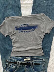 Attitoon 女士休闲腰部褶饰露肩修身短袖 T 恤，适合夏季，34% 棉，复古汽车印花，复古风，美式休闲 - 淺灰色 - 查看 2