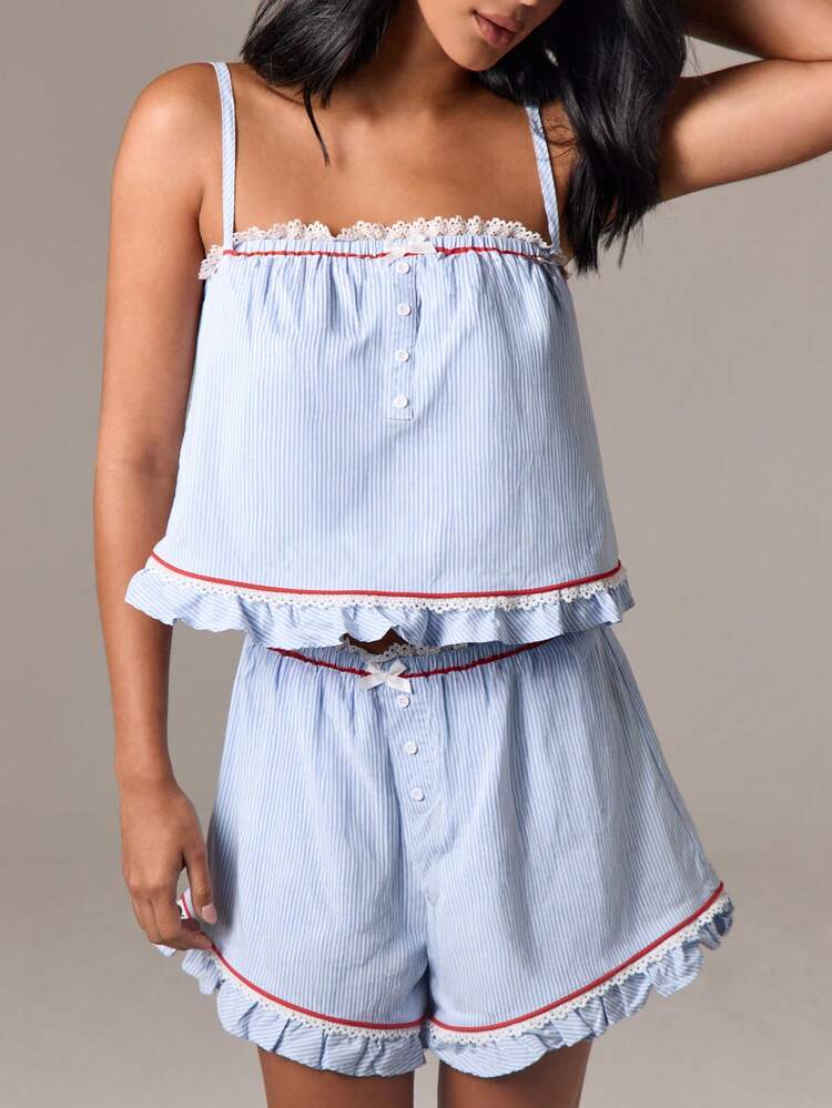 Striped Boxer Shorts With Ruffle And Lace Trim