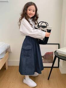 DAZY Young Girls Solid Color Casual Mid-Length Skirt Fall/Winter - Navy Blue - View 6