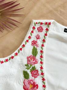 Soleia Women's Romantic Floral Embroidered Casual Top, Suitable For Vacation, Back To School, Casual Lunch, Date, Valentine's Day, Afternoon Tea, Party, Wedding, Spring/Summer Holiday, Cruise, Music Festival, Boho Style Embroidered Top Women Top Women Floral Tops Floral Crop Top Vintage Floral Top Vintage Tops Women Flower Tops For Women Floral Crop Top - Red and White - View 6