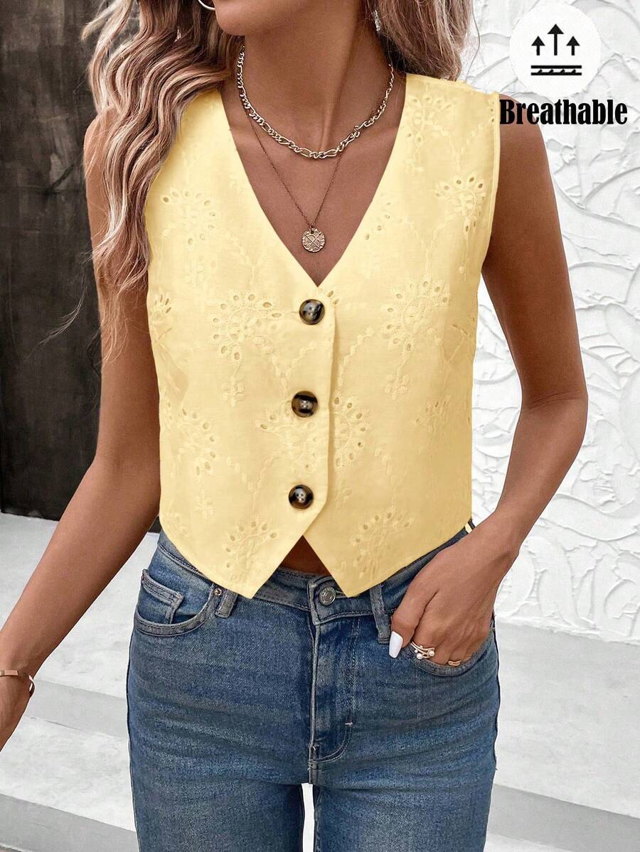 SHEIN LUNE Butter Yellow Spring Embroidered Romantic Date Women's Shirt With Vest - Yellow - View 1