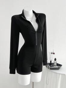 SHEIN Unity Sexy Herbst Stehkragen Reißverschluss anliegende Romper, schlankende langärmelige Strick-Romper - Schwarz - Übersicht 6