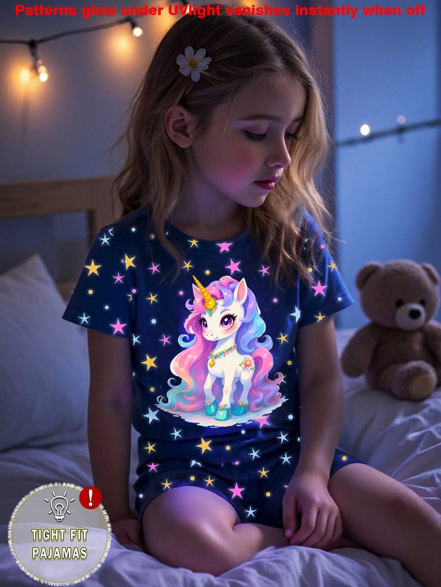 SHEIN 小女孩睡衣套装,蓝色独角兽印花,弹力面料短袖上衣和短裤两件套舒适睡衣 - 藍色 - 查看 1