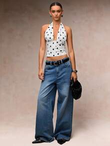 SHEIN BAE Einfaches lässiges Top mit Punkten für Herbst und Winter, geeignet für modische Straßenmode, lässige Tops, italienischen Urlaub, Pendler-Lässig, modische Ausgehtops, Y2K-Top, Off-Shoulder Top, Punkte-Top, Crop Tops - Schwarz und Weiss - Übersicht 1