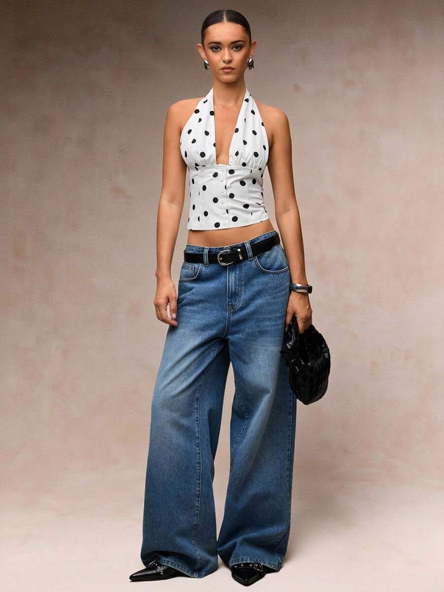 SHEIN BAE Einfaches lässiges Top mit Punkten für Herbst und Winter, geeignet für modische Straßenmode, lässige Tops, italienischen Urlaub, Pendler-Lässig, modische Ausgehtops, Y2K-Top, Off-Shoulder Top, Punkte-Top, Crop Tops - Schwarz und Weiss - Übersicht 1