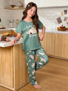 SHEIN 2 件可爱考拉印花女童睡衣套装，短袖上衣和长裤 - 彩色 - 查看 4