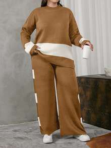 EURMUSE Women's Color Block Knitted Sweater Two Pieces Set - Camel - View 5