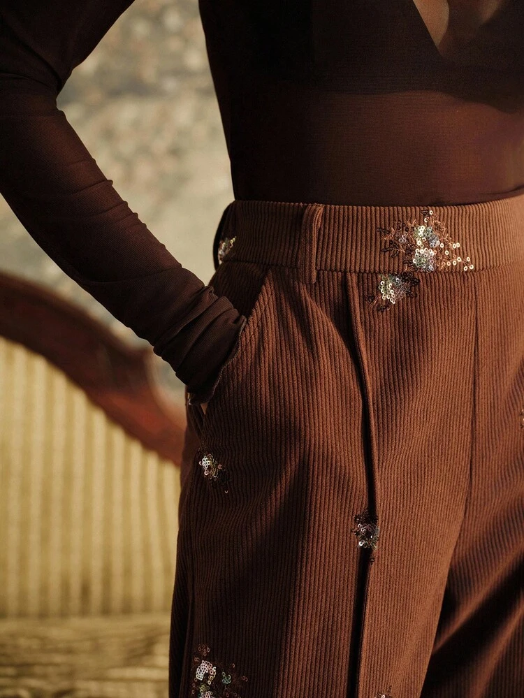 Women's Autumn/Winter Corduroy Straight Leg Pants With Embroidered Sequin Embellishment, Brown