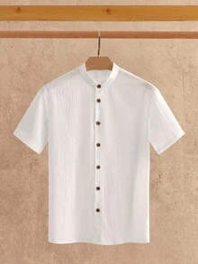 HIMLAND 男士休闲梭织短袖立领衬衫，适合日常穿着，老款 - 白色 - 查看 4