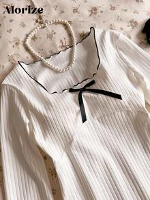 Tween Girls' Color Block Trim Bow Decor Long Sleeve Dress - White - View 3