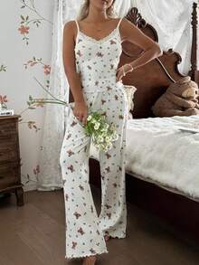 CottageSlumber 2 件套女士浪漫花卉蕾丝拼布 V 领吊带背心和长裤睡衣套装 - 杏色 - 查看 5