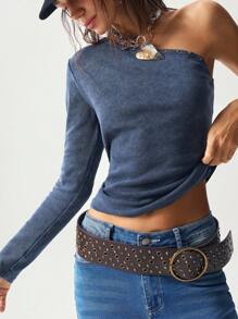 Bohemela 1pc Women's Casual Solid Color Knit Slim Fit Washed T-Shirt - Blue - View 4