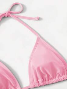 SHEIN Swim Women's Simple Solid Color Knotted Halter Split Bikini Swimsuit, Suitable For Beach Vacation, Summer