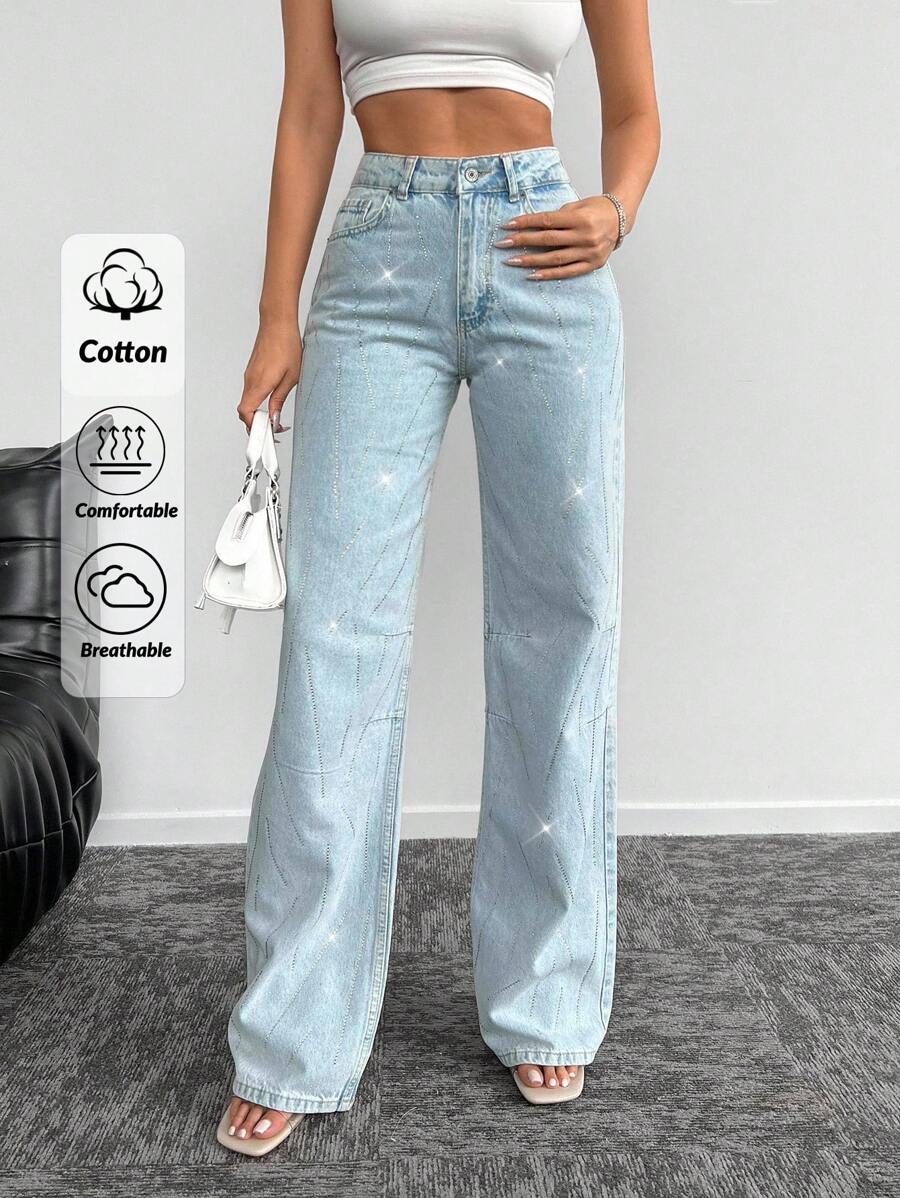 EURMUSE Quần Jeans Ống Thẳng Cạp Cao Đính Đá Rhinestone 100% Cotton - Màu xanh lam - Xem 1