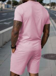 Manfinity Homme Men's Solid Color Button-Up Half Placket Short Sleeve T-Shirt And Drawstring Waist Shorts Casual Suit, Summer - Pink - View 2
