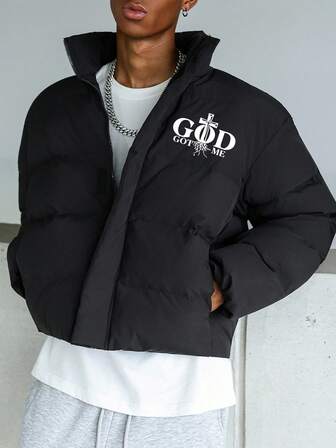 Street Life Herren Mantel mit Buchstaben-Muster, gepolstert, lässiger dicker flauschiger Wintermantel, geeignet für Streetwear, Herbst