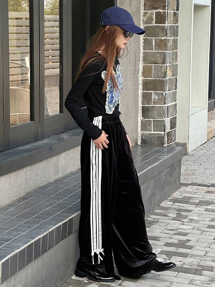 Teen Girl Straight Leg Velvet Pants With Contrast Waistband, Autumn