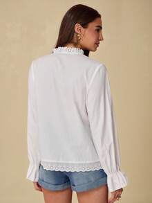 Fall/Winter Romantic Women's White Lace Stitching Front Button Collar Elegant Office Long Sleeve Shirt, Casual & Comfortable For Birthday & Holiday Party & Sweet Date & Daily Commuting & Vacation,Fall Versatile,Fall Shirt For Women,Autumn Clothes - White - View 3